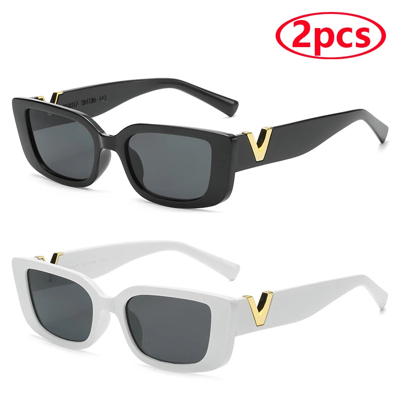 Luxury Urban Chic Rectangular Sunglasses with Gold "V" Detail