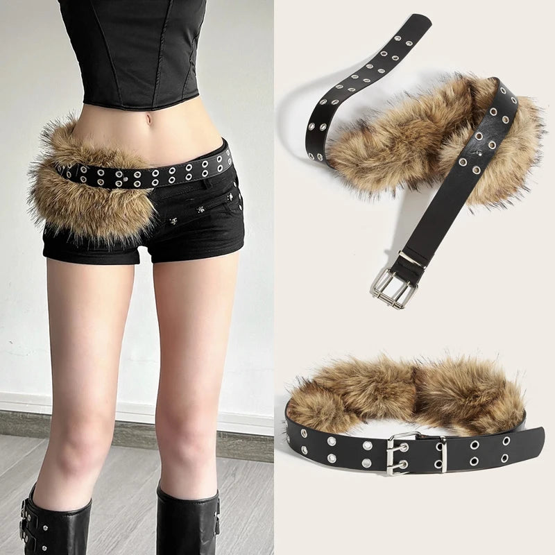 Bohemian Faux-Fur & Grommet Statement Belt – Textured Street-Style Accessory