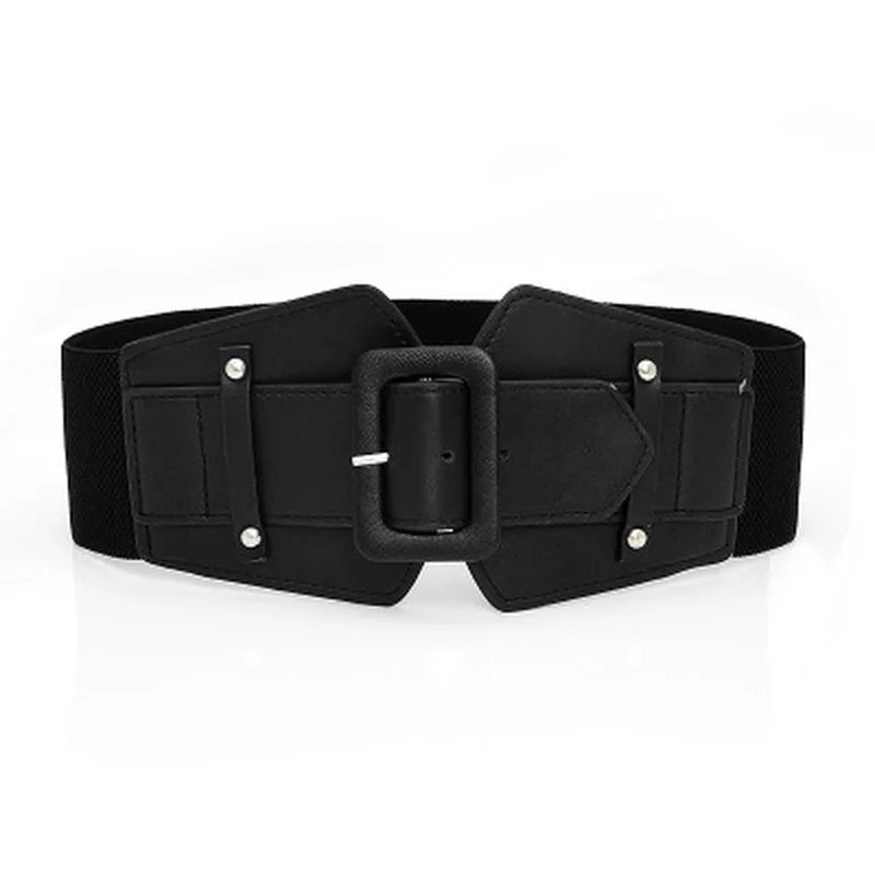 Wide Elastic Corset-Style Cinch Belt with Rectangular Buckle