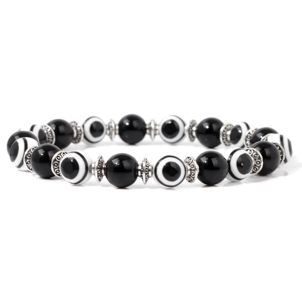 Handmade Evil Eye Natural Stone Bracelet Set – Elastic Lava Rock and Hematite Multilayer Jewelry