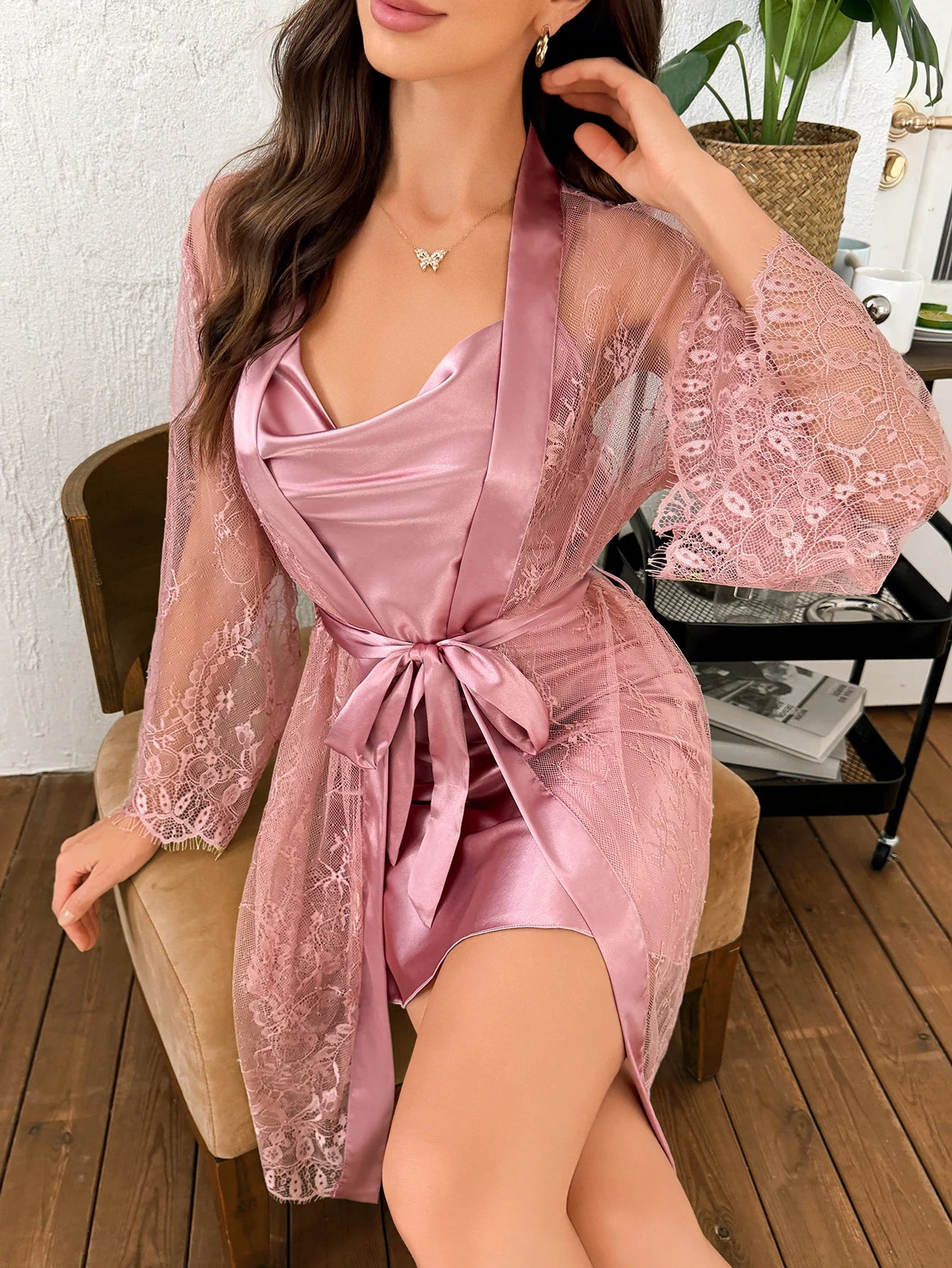 2-Piece Women’s Nightwear Set – Solid Color Slip Dress & Sheer Lace Robe