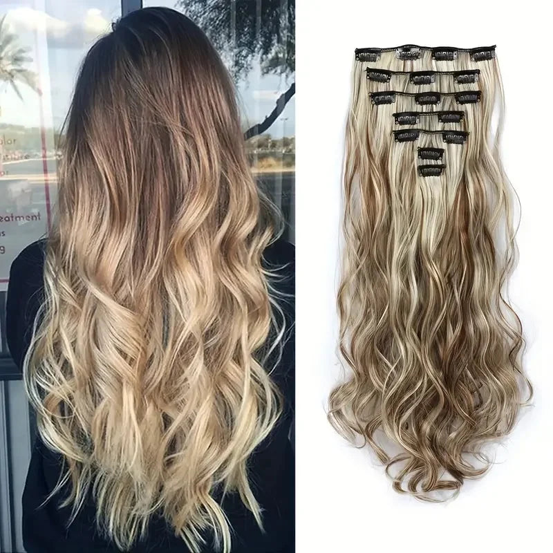 7PCS Clip-In Hair Extensions – 22 Inch Long Curly Wavy Synthetic Hair Pieces