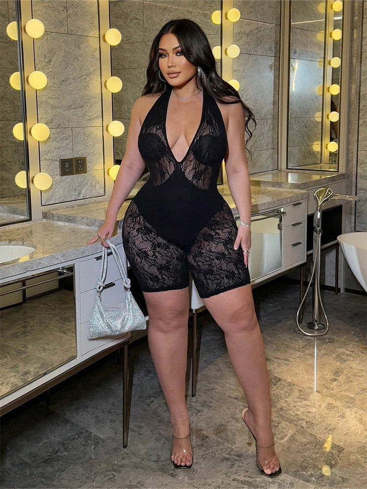 Plus Size Midnight Lace" Halter Bodysuit with Intricate Floral Detail Nightclub Party