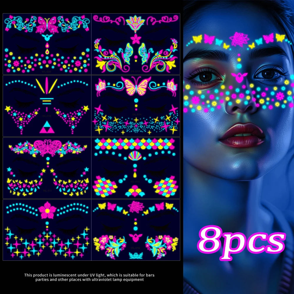 12/24pc Neon UV Glow Tattoos – Fluorescent Body & Face Stickers for Rave Parties, Music Festivals, and Nightclub Glam