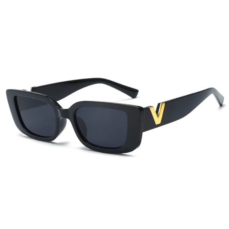 Luxury Urban Chic Rectangular Sunglasses with Gold "V" Detail