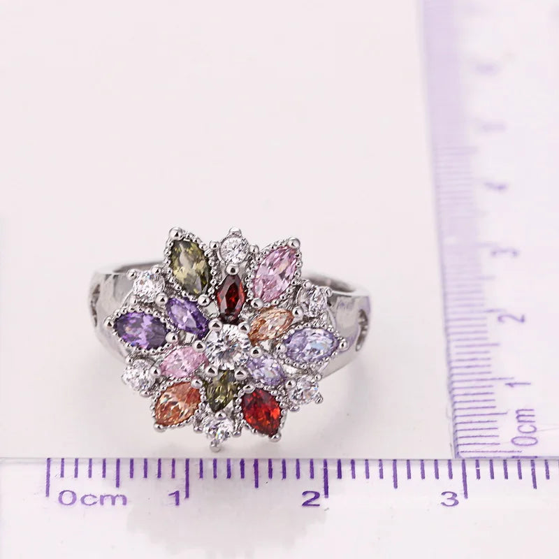 Fashion RING 925 Sterling Silver Color Jewelry Colourful Cubic Zirconia Flowe
