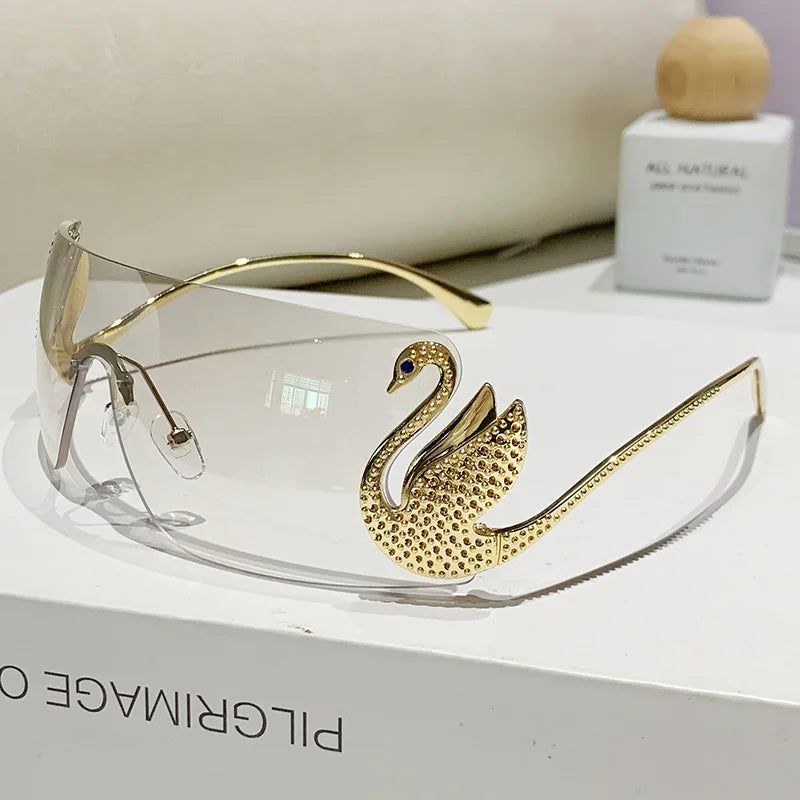Trendy Y2K Vintage Rimless Sunglasses – Luxury One-Piece Lens Designer Eyewear for Women