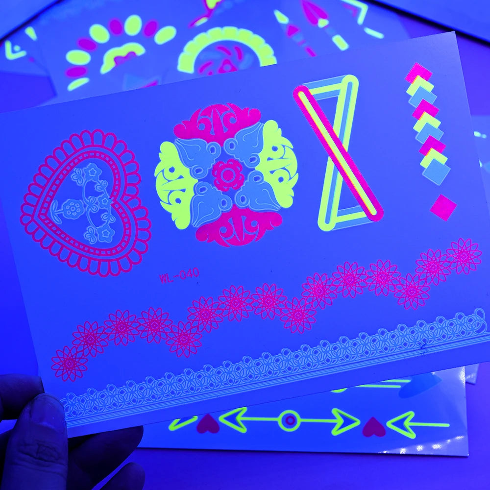 12/24pc Neon UV Glow Tattoos – Fluorescent Body & Face Stickers for Rave Parties, Music Festivals, and Nightclub Glam