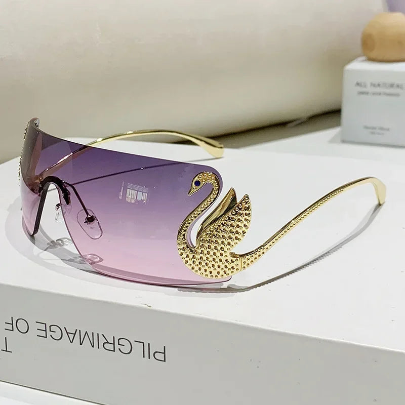 Trendy Y2K Vintage Rimless Sunglasses – Luxury One-Piece Lens Designer Eyewear for Women
