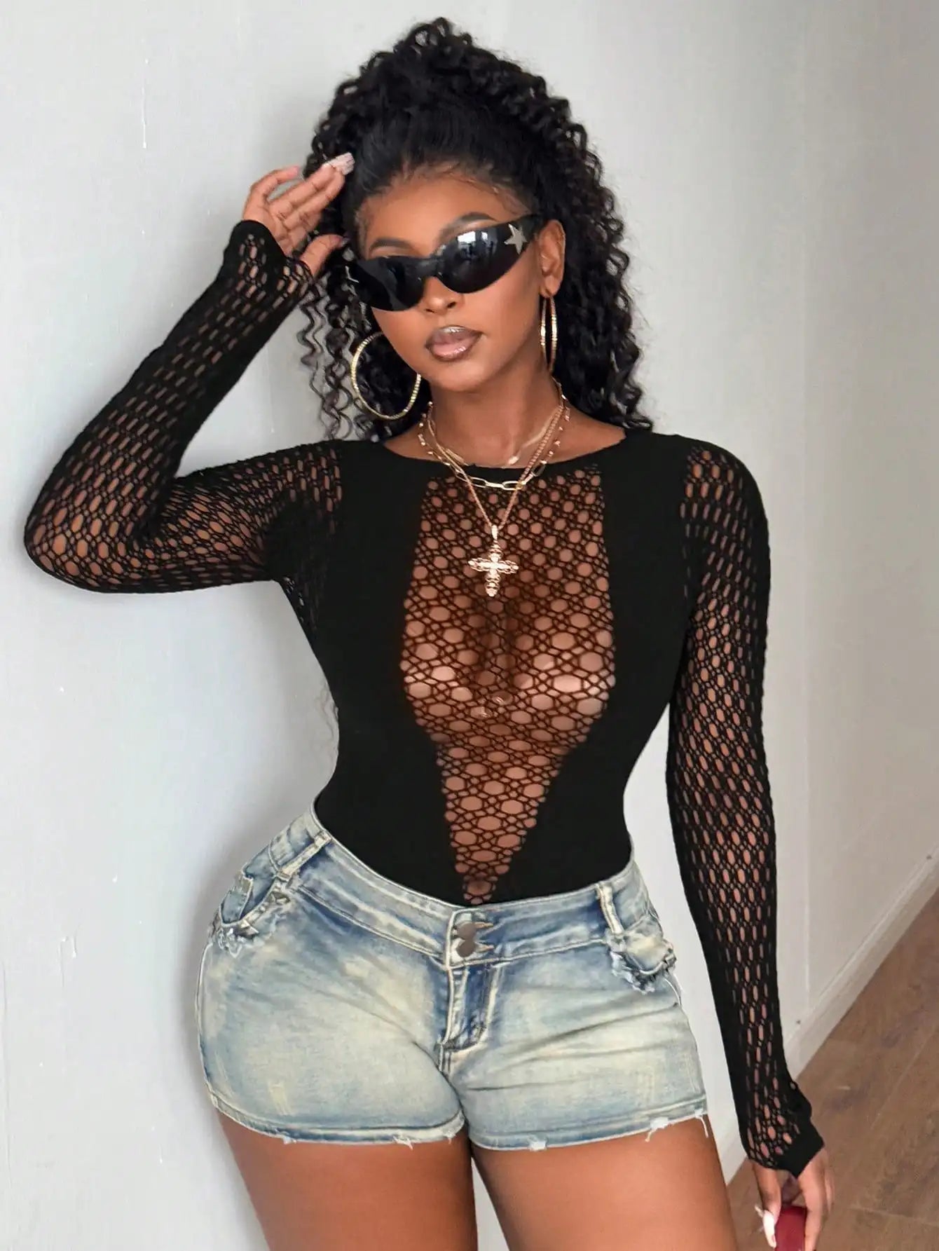 Plus Size Sexy Urban Edge Geometric Mesh Catsuit – Sculpting Long-Sleeve Statement Bodysuit