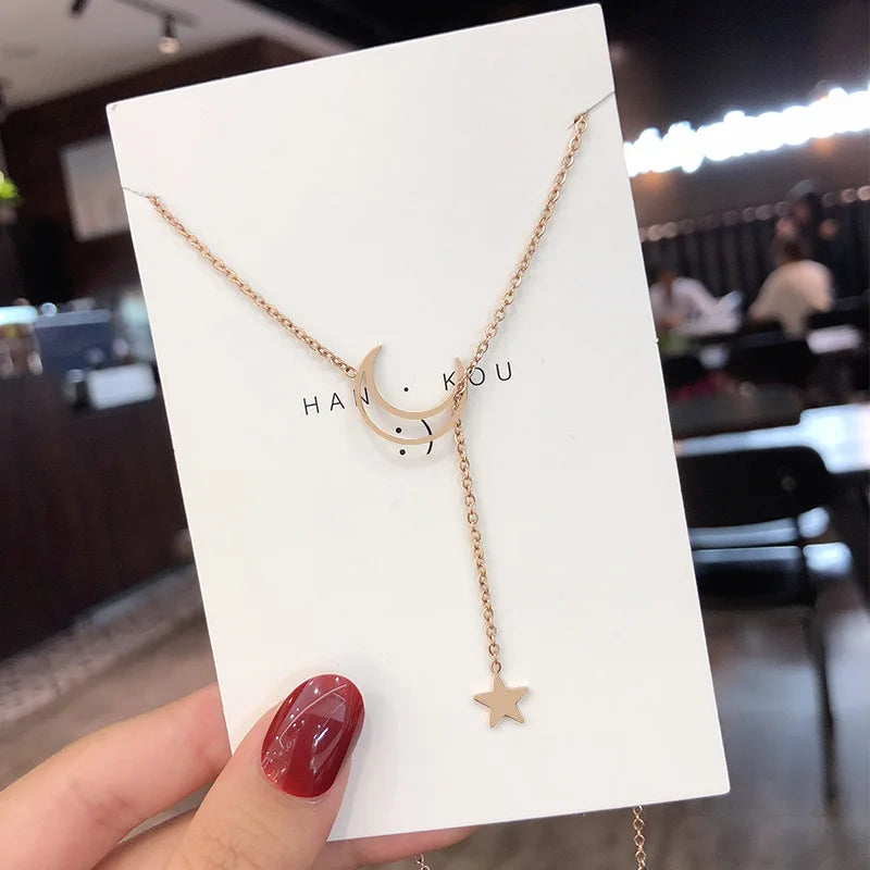 Celestial Crescent Lariat Necklace