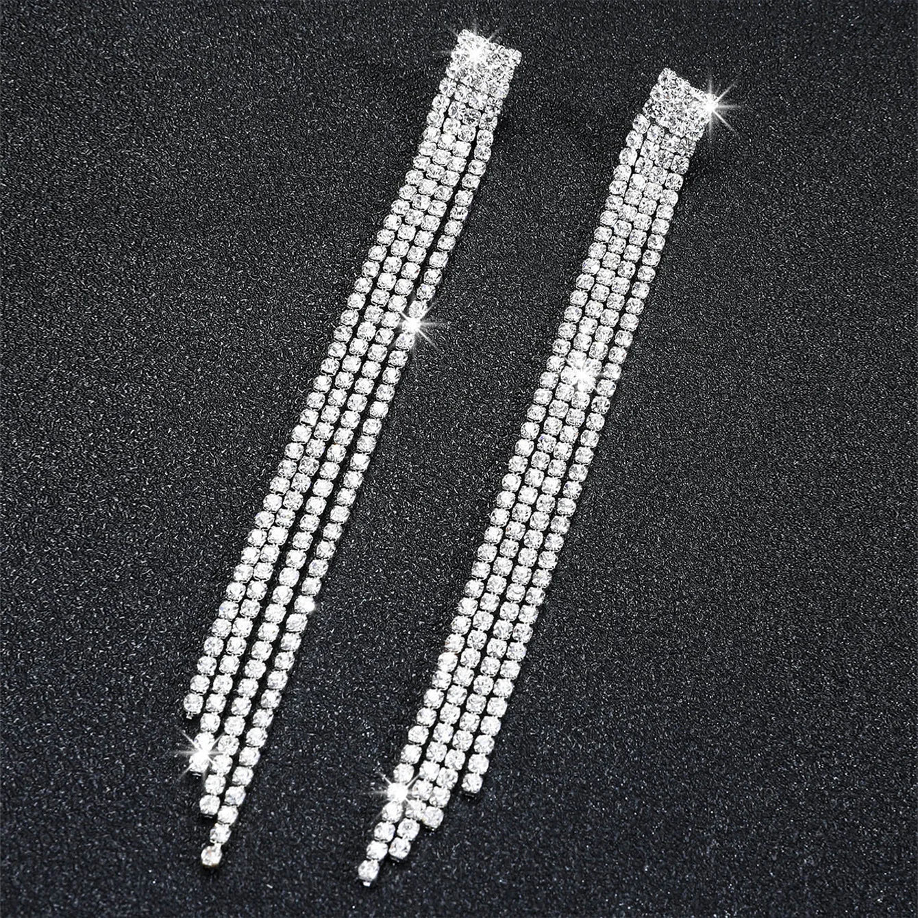 Glamorous Crystal Tassel Dangles  4 Lines Long Rhinestone Evening Earrings