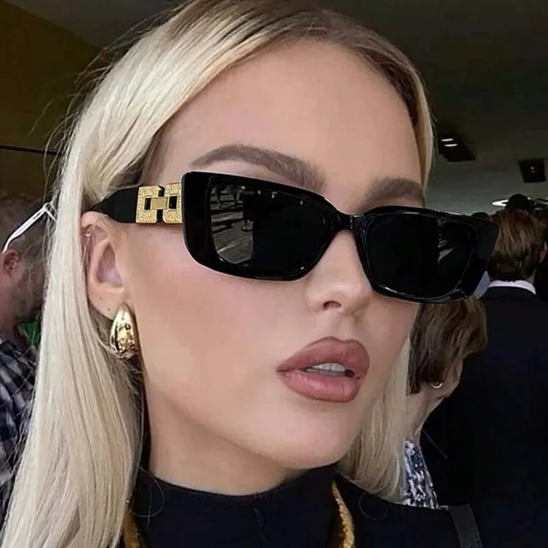Luxe Logo-Temple Rectangular Sunglasses Small Frame Mirror