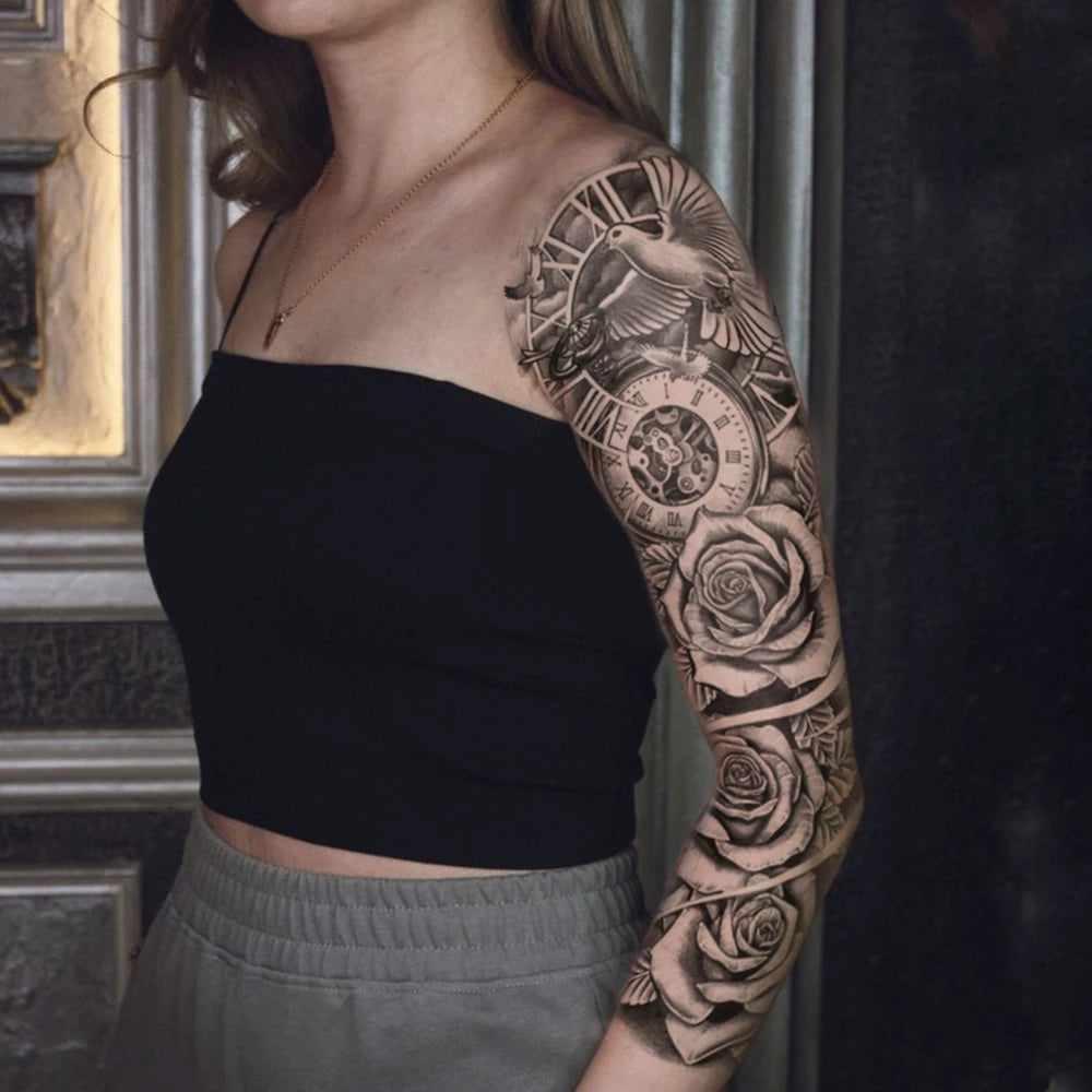 The Clockwork Rose Full-Arm Sleeve: Premium Waterproof Temporary Tattoo