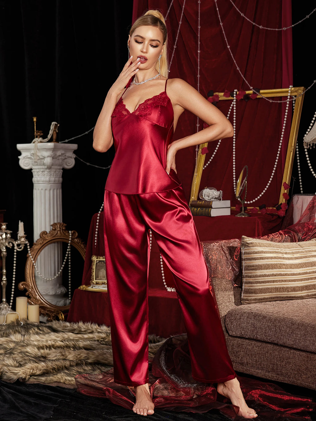 Women's Pajama Set Lace Trim Camisole with Pants High Quality Soft Comfortable Sleepwear