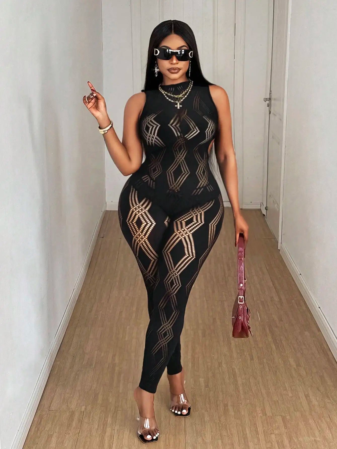 Ultimate Glam: Backless Mesh Hollow-Out Party Jumpsuit – Perfect for Night Out & Streetwear