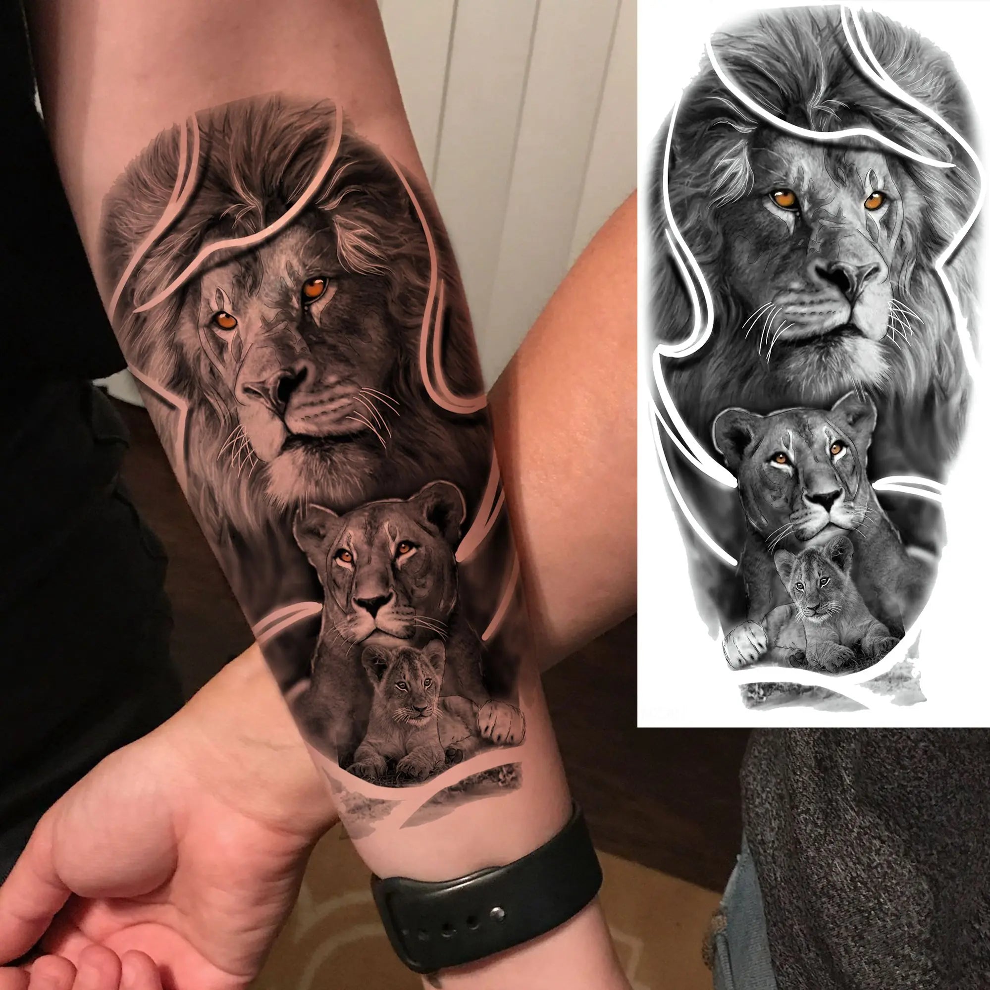 Premium Waterproof Realistic Tattoo Sticker – Majestic Lion & Tiger Designs for Arm & Leg