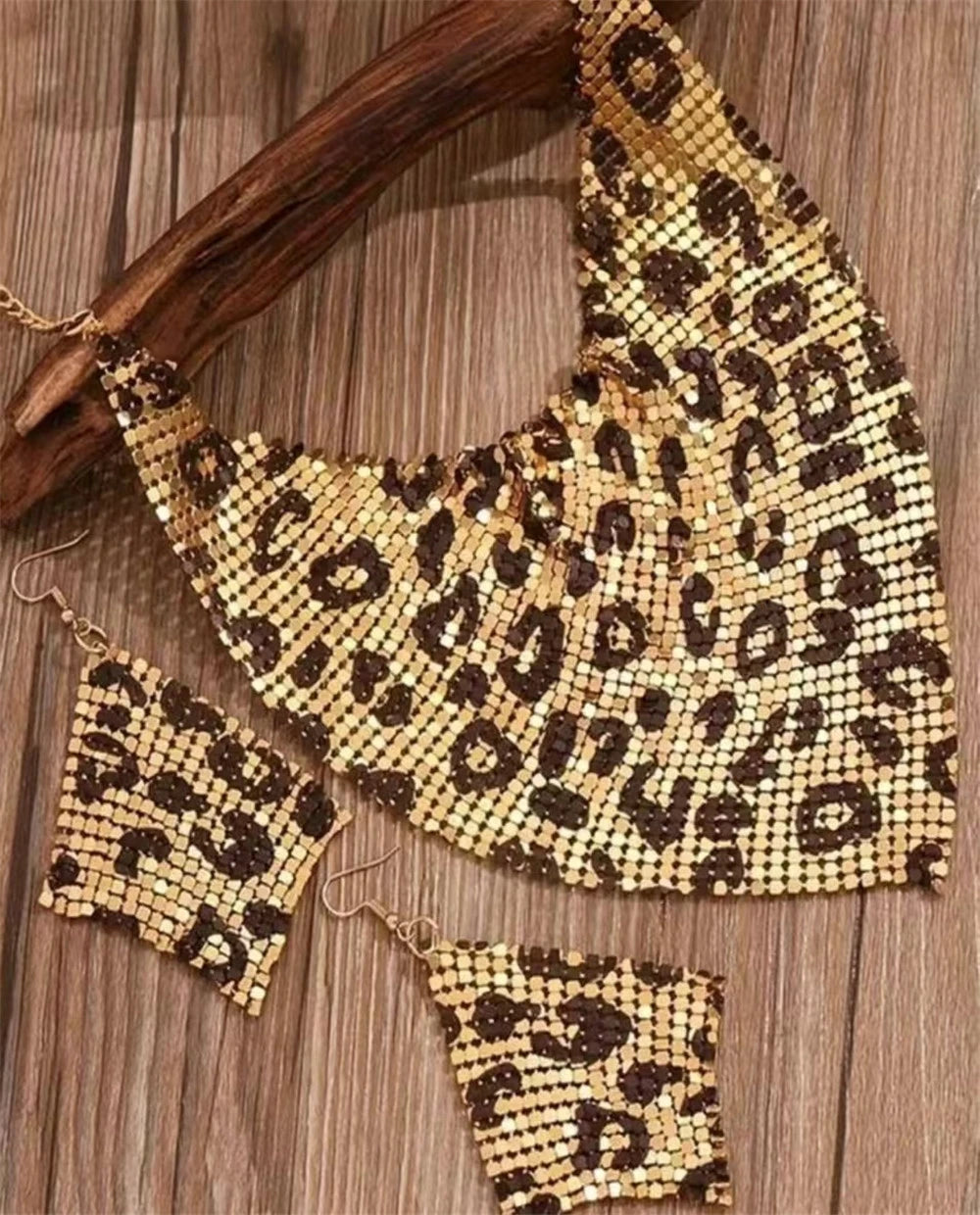 A Very Stylish leopard print bib necklace and dangle earring set