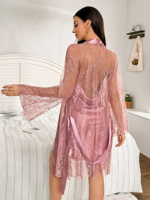 2-Piece Women’s Nightwear Set – Solid Color Slip Dress & Sheer Lace Robe