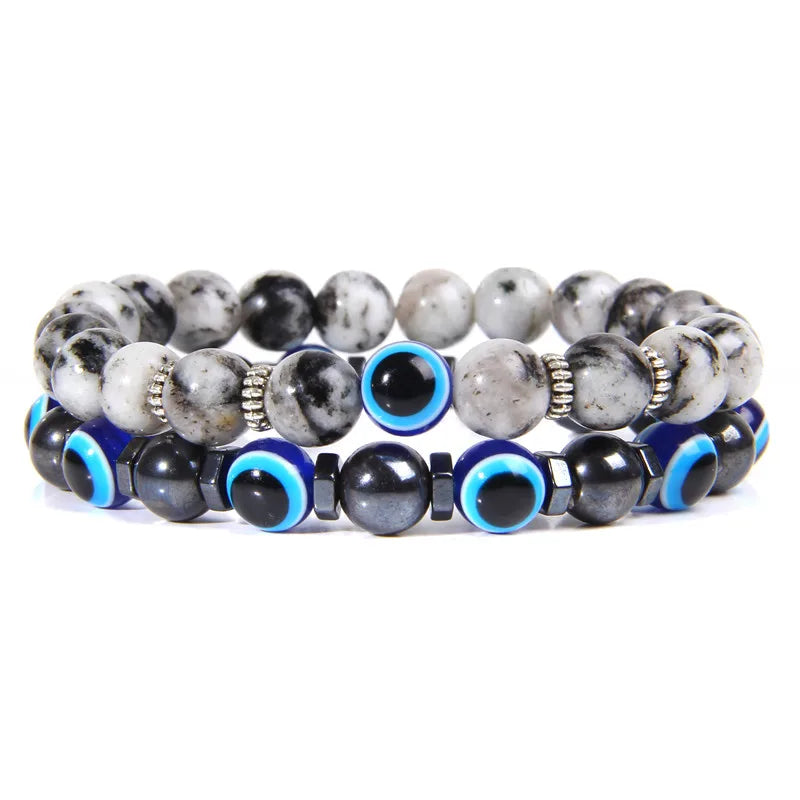 Handmade Evil Eye Natural Stone Bracelet Set – Elastic Lava Rock and Hematite Multilayer Jewelry