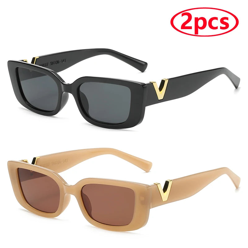 Luxury Urban Chic Rectangular Sunglasses with Gold "V" Detail