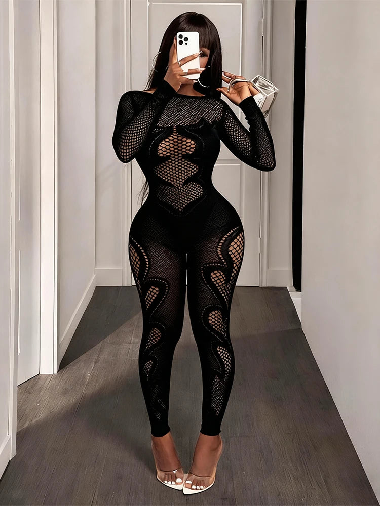FHSEER  Sexy Jumpsuit Sheer Mesh Long Sleeve Hollow Out Bodycon High-Waist Stretchy Club Party Date Night Out Outfit