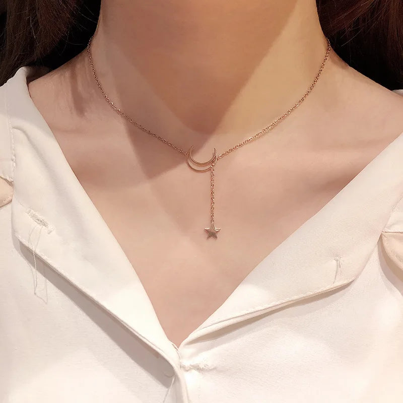 Celestial Crescent Lariat Necklace