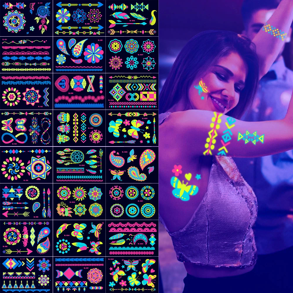 12/24pc Neon UV Glow Tattoos – Fluorescent Body & Face Stickers for Rave Parties, Music Festivals, and Nightclub Glam