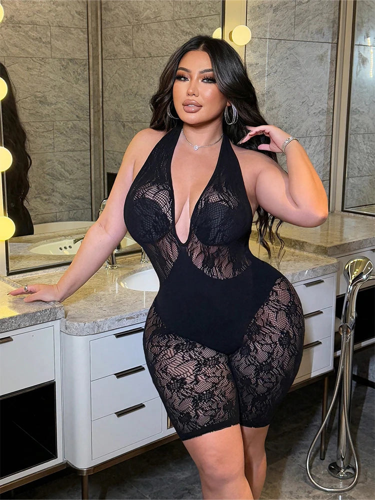 Plus Size Midnight Lace" Halter Bodysuit with Intricate Floral Detail Nightclub Party