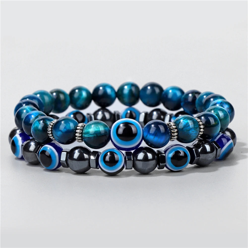 Handmade Evil Eye Natural Stone Bracelet Set – Elastic Lava Rock and Hematite Multilayer Jewelry