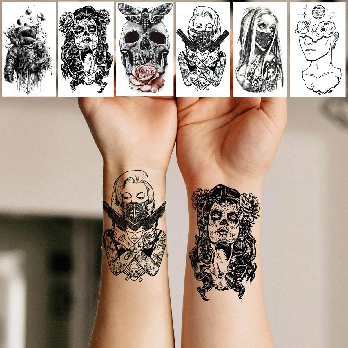 52pcs Premium Temporary Tattoo Collection – Versatile Mix of Skulls, Snakes, Flowers & 3D Art