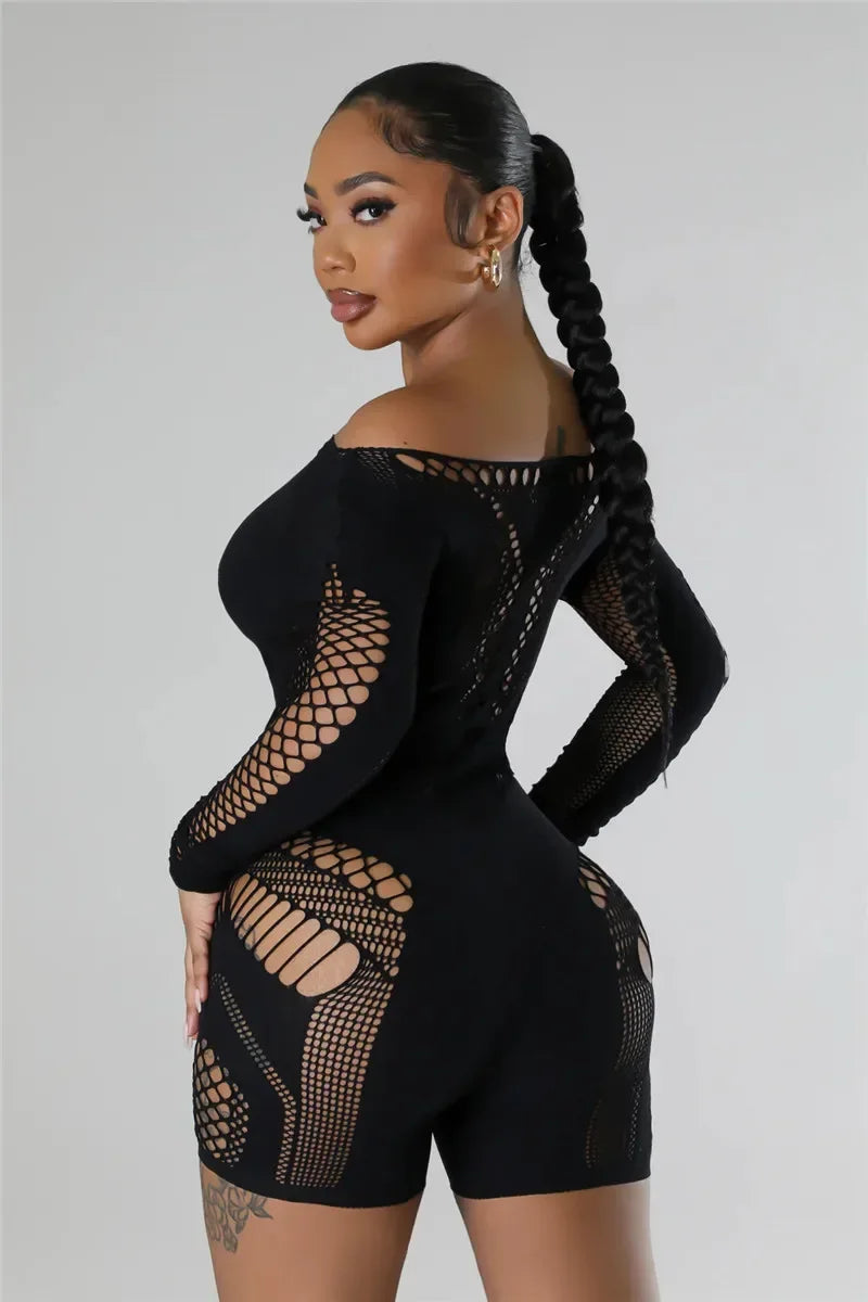 Sexy Black or White Club Outfits Jumpsuit  Long Sleeves Mesmerizing Mesh Hollow Stretch Short Rompers
