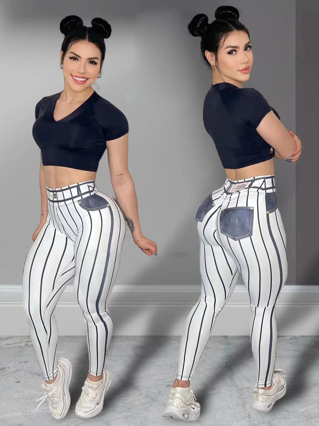 Denim-Look High-Waisted Striped Sculpting Leggings