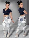 Denim-Look High-Waisted Striped Sculpting Leggings