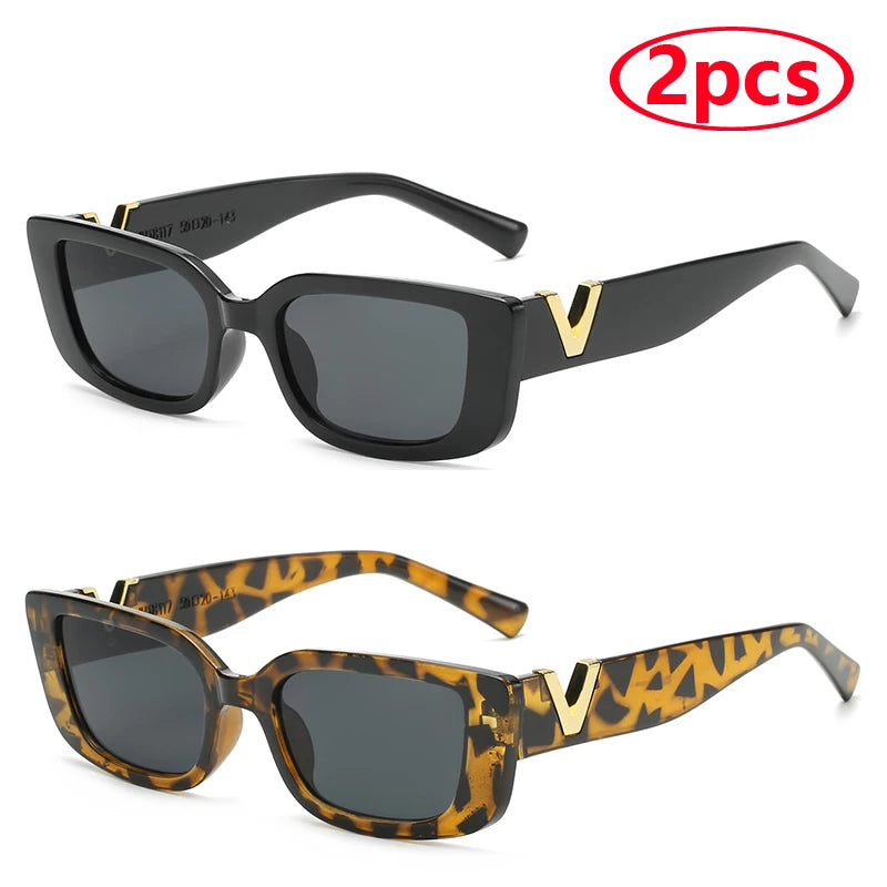 Luxury Urban Chic Rectangular Sunglasses with Gold "V" Detail
