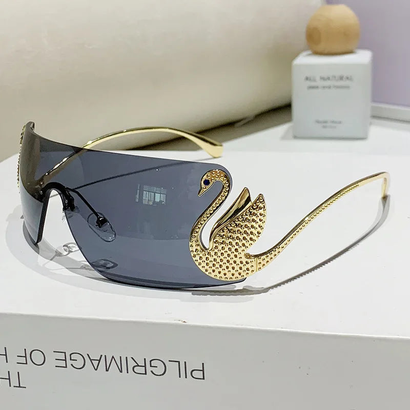 Trendy Y2K Vintage Rimless Sunglasses – Luxury One-Piece Lens Designer Eyewear for Women
