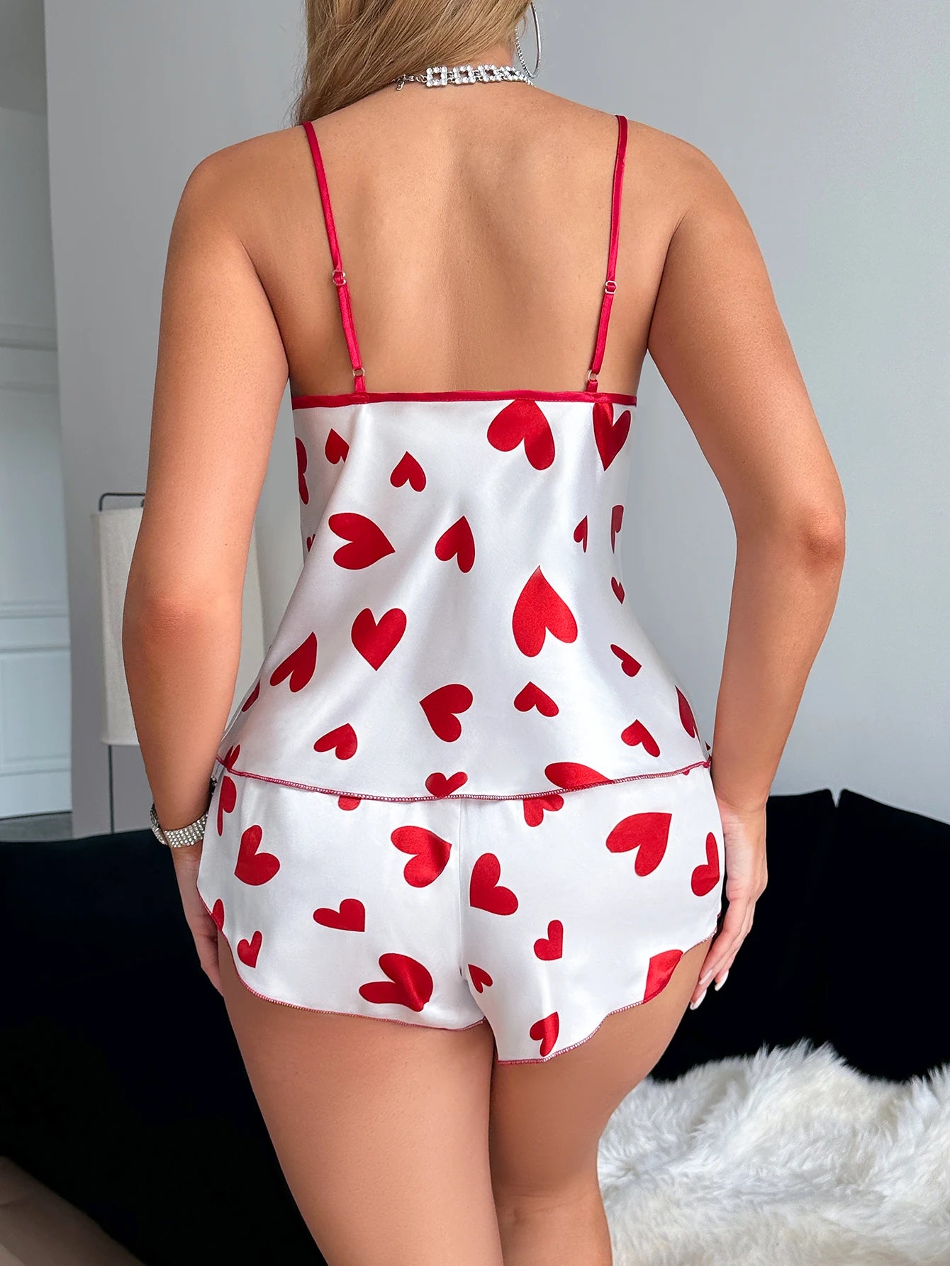 Women’s Heart Print V-Neck Pajama Set – 2-Piece Sexy Fashion Sleepwear