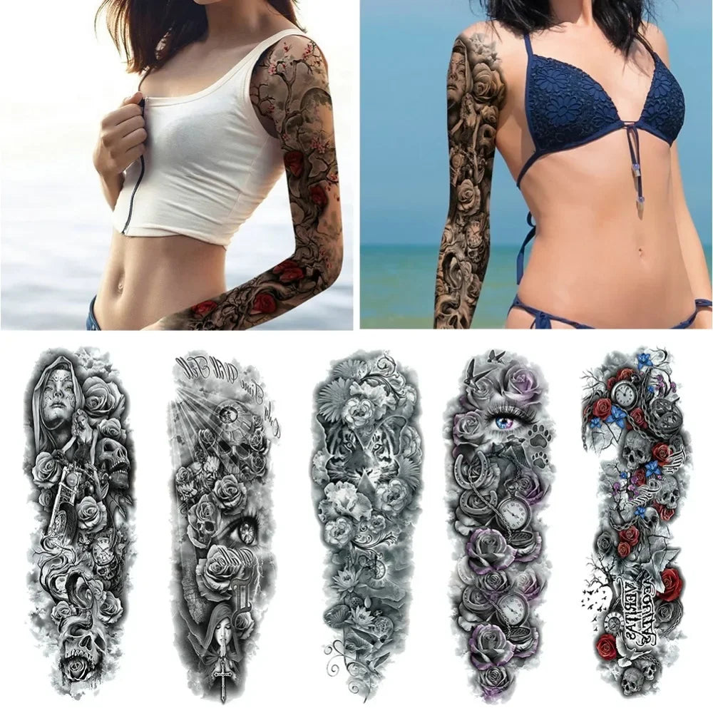 Unisex Full Arm Temporary Tattoo Sticker – Premium Old School Skull Body Art