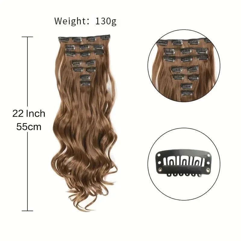 7PCS Clip-In Hair Extensions – 22 Inch Long Curly Wavy Synthetic Hair Pieces