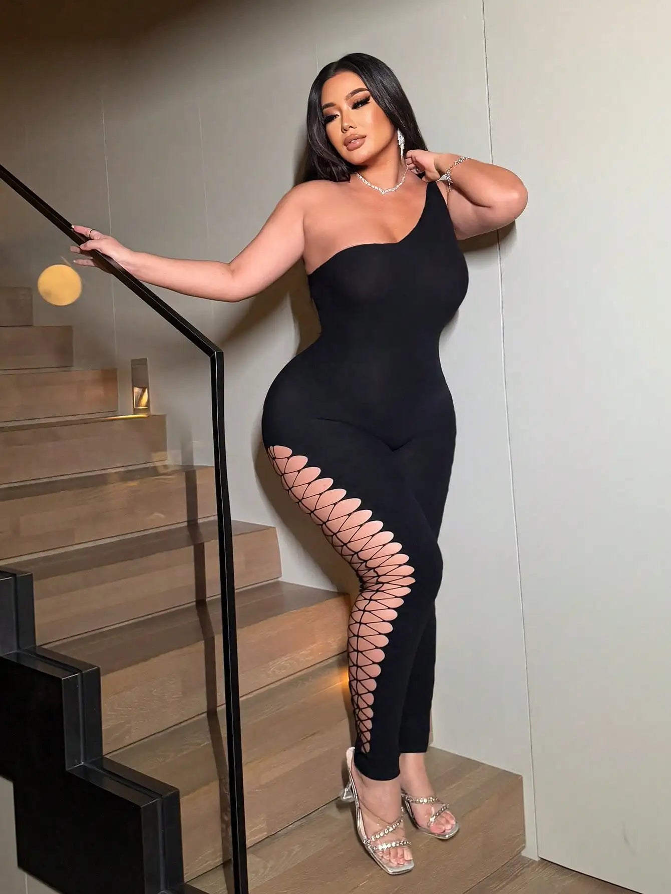 Urban Edge" One-Shoulder Lattice Cutout Jumpsuit