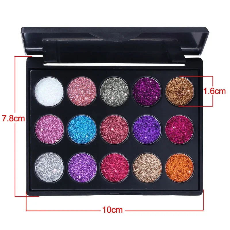 Diamond Radiance Kaleidoscope 15-Color Glitter Palette – Waterproof & Vibrant Makeup Essential