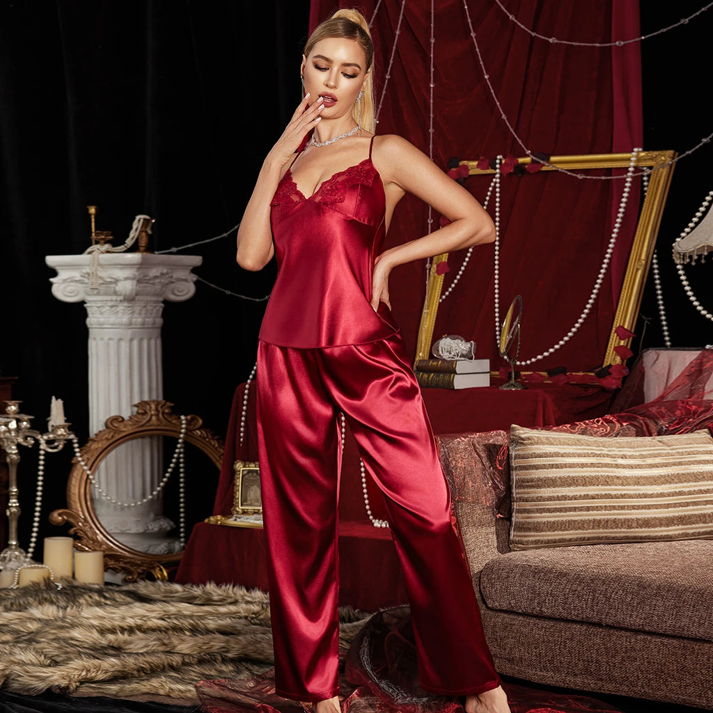Women's Pajama Set Lace Trim Camisole with Pants High Quality Soft Comfortable Sleepwear