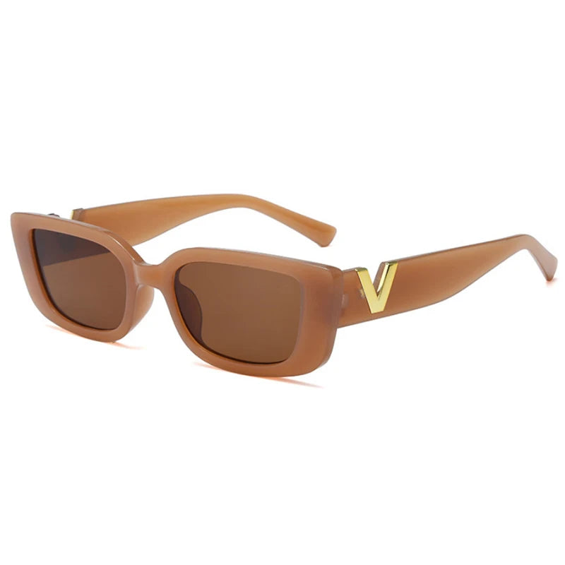 Luxury Urban Chic Rectangular Sunglasses with Gold "V" Detail