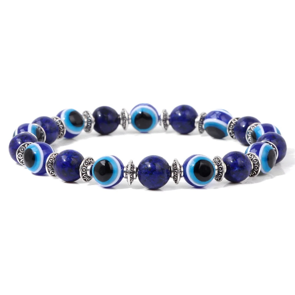 Handmade Evil Eye Natural Stone Bracelet Set – Elastic Lava Rock and Hematite Multilayer Jewelry