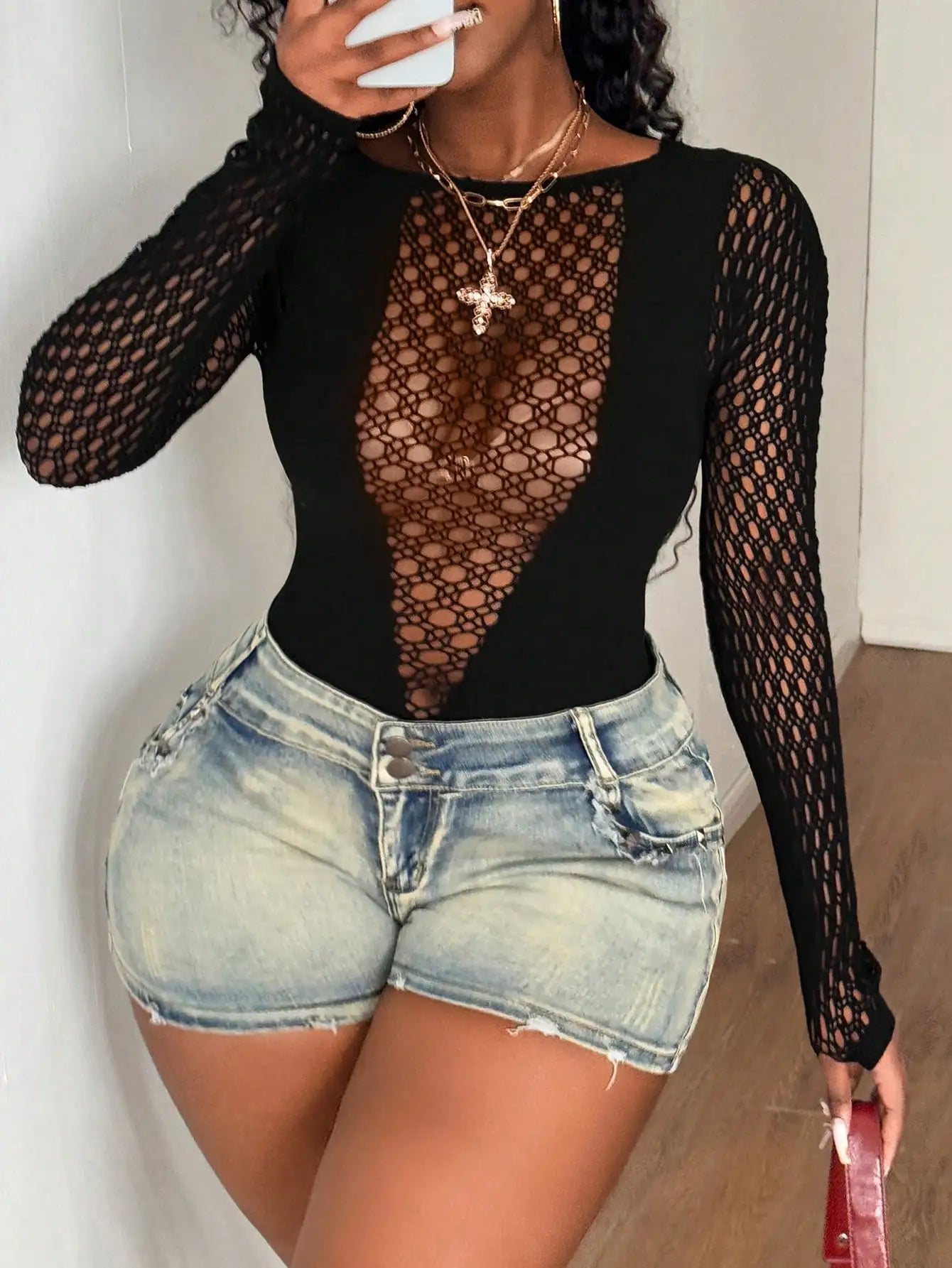 Plus Size Sexy Urban Edge Geometric Mesh Catsuit – Sculpting Long-Sleeve Statement Bodysuit