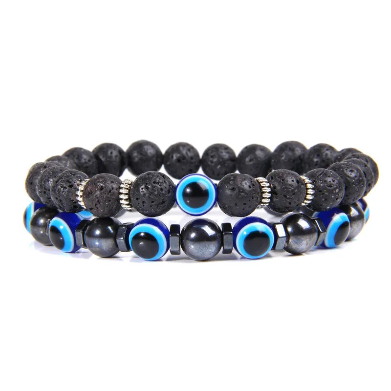 Handmade Evil Eye Natural Stone Bracelet Set – Elastic Lava Rock and Hematite Multilayer Jewelry