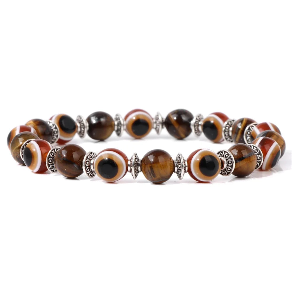 Handmade Evil Eye Natural Stone Bracelet Set – Elastic Lava Rock and Hematite Multilayer Jewelry