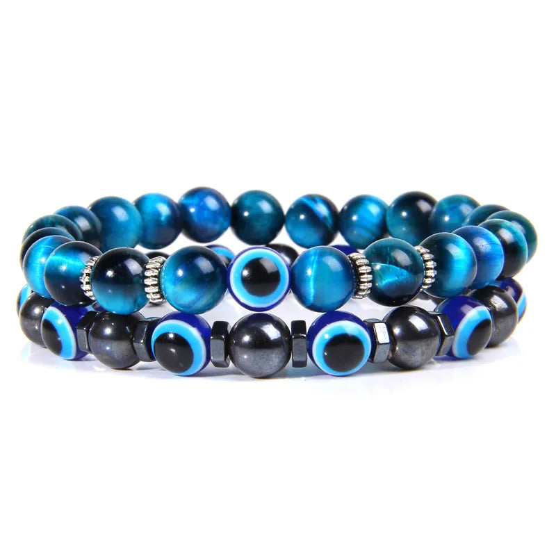Handmade Evil Eye Natural Stone Bracelet Set – Elastic Lava Rock and Hematite Multilayer Jewelry