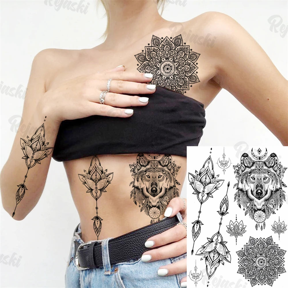 Sexy Waterproof Temporary Tattoo – Floral Mandala, Lotus & Animal Designs for Chest & Underboob