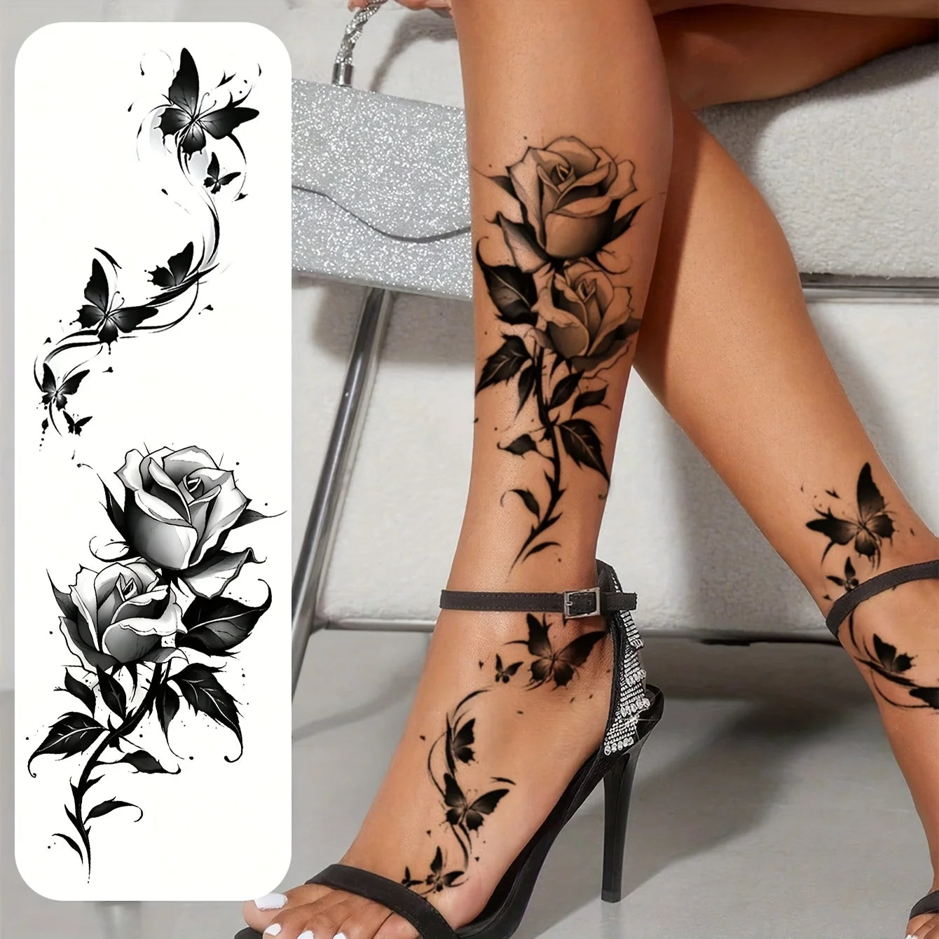 The Botanical Collection: 2-Pack Black Butterfly & Flower Temporary Tattoos for Effortless Style